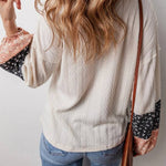 Beige Floral Patchwork Textured Drawstring V Neck Top