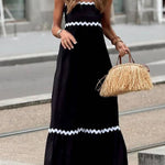 Bayside Beauty Wave Trim Patchwork Back Smocked Suspender Maxi Dress