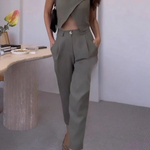 Balvin Linen Blend Cross Button Neck Crop Vest and High Rise Pocketed Pants Set