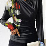 Long Sleeves Skinny Flower Print Pleated Split-Joint V-neck T-Shirts Tops