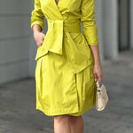 Long Sleeves Solid Color Tied Waist Deep V-Neck Mini Dresses