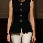 Sleeveless Buttoned Solid Color Round-Neck Vest Top