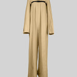 Buttoned Long Sleeves Collarless Outerwear Top + Wide Leg Belted Jumpsuits Two Pieces Set