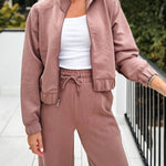 Airy Sleek Full Zip Jacket and High Rise Elastic Waist Pocket Wide Leg Sweatpants Set