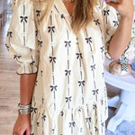 Beige Cute Bowknot Printed Bubble Sleeve V Neck Mini Dress