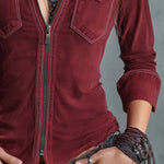 Vintage Zip-up Collar Flap Pocket Distressed Denim Shirt