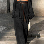Buttoned Long Sleeves Collarless Outerwear Top + Wide Leg Belted Jumpsuits Two Pieces Set