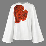 Flared Sleeves Long Sleeves Flower Print Round-neck T-Shirts Tops
