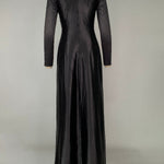 Solid Color Bodycon Long Sleeves Pleated  Split-Front Tied Waist Deep V-Neck Maxi Dresses