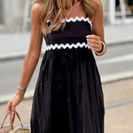 Bayside Beauty Wave Trim Patchwork Back Smocked Suspender Maxi Dress