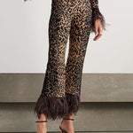 Long Sleeves Feathers Leopard Round-Neck Pants Pants Set T-Shirts Tops Two-Piece Sets