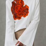 Flared Sleeves Long Sleeves Flower Print Round-neck T-Shirts Tops